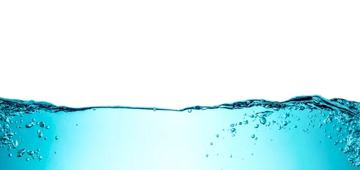 Foto auf Acrylglas Wasser Blaue Wasserwelle mit Blasen Nahaufnahme Hintergrundtextur oben isoliert. Großes großes Foto.
