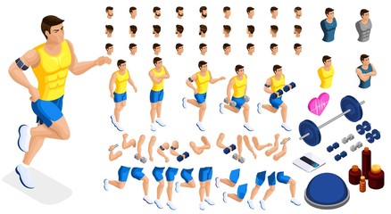 Isometrics create your sporty inflated man, a set of hairstyles, emotions, hands, feet. Without, gym, jumping. Sports equipment for creative set 2