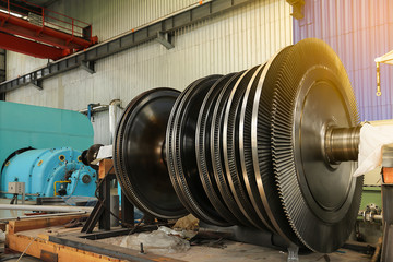 Close up rotor of a steam Turbine,of a big electric motor in the coal fired power plant.