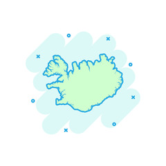 Vector cartoon Iceland map icon in comic style. Iceland sign illustration pictogram. Cartography map business splash effect concept.