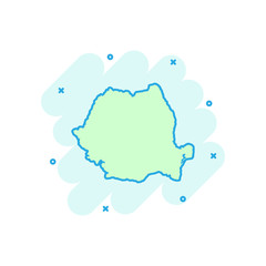 Vector cartoon Romania map icon in comic style. Romania sign illustration pictogram. Cartography map business splash effect concept.