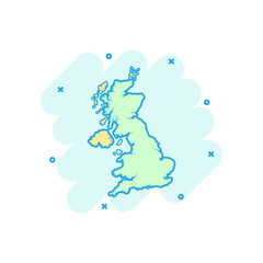 Vector cartoon United Kingdom map icon in comic style. United Kingdom sign illustration pictogram. Cartography map business splash effect concept.
