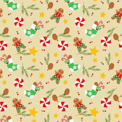 Christmas socks and gingerbread man seamless pattern.