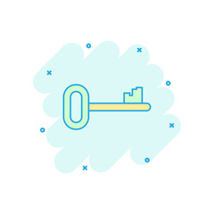 Vector cartoon key icon in comic style. Secret keyword sign illustration pictogram. Key business splash effect concept.