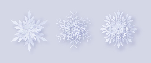 Naklejka na ściany i meble Origami snowflakes. Merry Christmas Greetings card. 3D snowflakes with a shadow for your design of greeting cards for New Year and Christmas