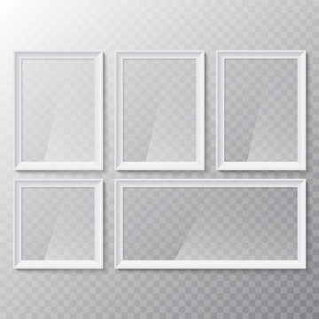 Realistic blank picture or photograph frame. Vector glass white photoframe for interior artwork design.