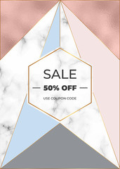 Fashion geometric design sale card with rose gold foil and marble texture. Modern background for celebration, flyer, social media, banner, poster, invitation, birthday, wedding.
