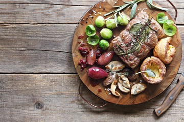 Roast beef with yorkshire pudding, brussels sprouts, porcini mushrooms and shallots. Traditional...