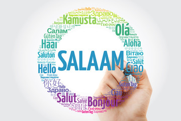 SALAAM (Hello Greeting in Persian,Farsi) word cloud in different languages of the world with marker