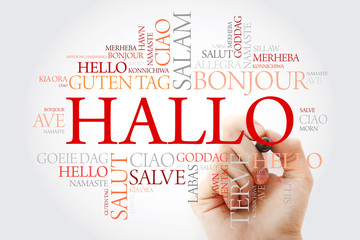 Hallo (Hello Greeting in German) word cloud in different languages of the world, background concept