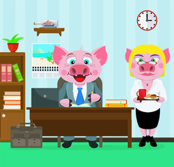 The Secretary brought the boss coffee and treats. Funny piglets office workers. Vector illustration.