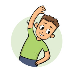 Funny guy streching and exercising. Active lifestyle. Cartoon design icon. Colorfull flat vector illustration. Isolated on white background.
