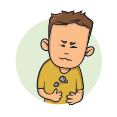 Young man feeling heavy in his chest. Difficulty to breathe. Cartoon design icon. Colorfull flat vector illustration. Isolated on white background.