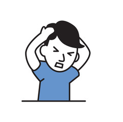 Young man with a headache, guy holding hands to his head. Flat design icon. Colorful flat vector illustration. Isolated on white background.