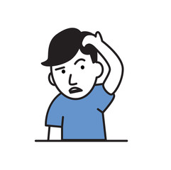 Young man holding hand to his head. Forgetfulness, headache. Colorful flat vector illustration. Isolated on white background.