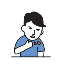 Young guy coughing blood. Colorful flat vector illustration. Isolated on white background.