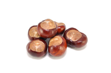Ripe chestnuts on white background close-up 