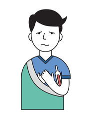 Sick guy with thermometer and blanket. Cartoon design icon. Colorful flat vector illustration. Isolated on white background.