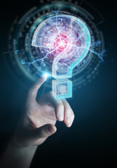 Businesswoman solving problem with digital question marks 3D rendering