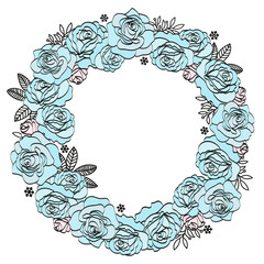 Wedding Birthday Holiday Party Floral Wreath BLUE ROSE Color Vector Illustration