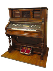 Fototapeta na wymiar Vintage old upright german automatic piano isolated on white background