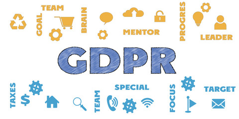 GDPR Panoramic Banner with icons and tags, words. Hi tech concept. Modern style