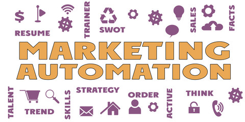 Fototapeta premium MARKETING AUTOMATION Panoramic Banner with icons and tags, words. Hi tech concept. Modern style