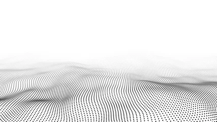Fotobehang Golf van deeltjes. Abstracte achtergrond met een dynamische golf. Grote gegevens. 3D-rendering. © Oleksii