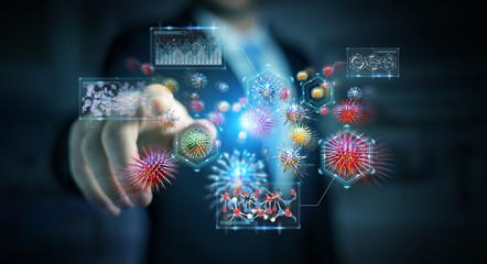 Businessman analyzing bacteria microscopic close-up 3D rendering