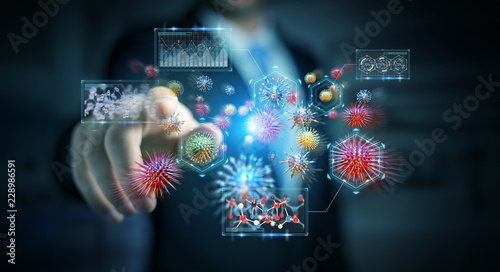 Businessman analyzing bacteria microscopic close-up 3D rendering