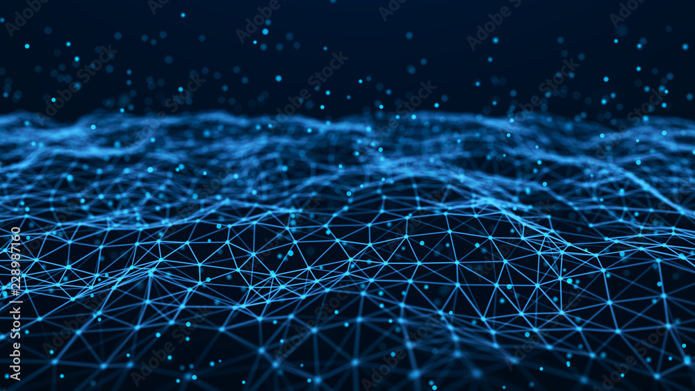 Aufkleber Wave of particles. Futuristic blue dots background with a dynamic wave. Big data. 3d rendering.