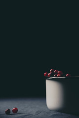Fresh ripe red cranberries in white pot on the table photographed in low light