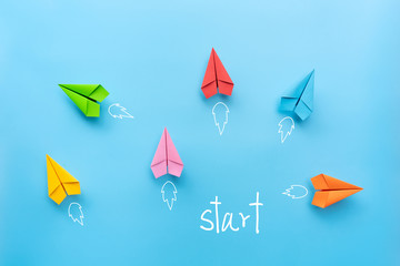 Paper planes on blue background. Different vision creative, Innovative and Solution for Business...