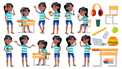 Girl Schoolgirl Kid Poses Set Vector. Black. Afro American. High School Child. Children Study. Knowledge, Learn, Lesson. For Presentation, Print, Invitation Design. Isolated Cartoon Illustration