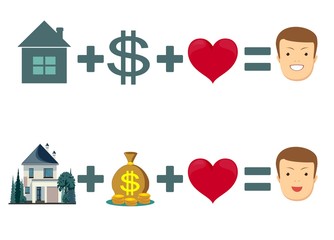 love, home and money concept - equal happiness. Stock flat vector illustration.