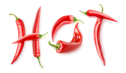 'Hot' word made with fresh red hot peppers isolated on white background with clipping path