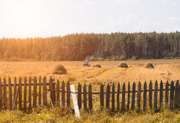 Obraz premium An old tractor plows a field in a village, haystacks and an old fence stand on the field, there is a forest on the horizon, machinery