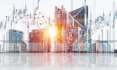 Concept of global communication and networking with world map over cityscape