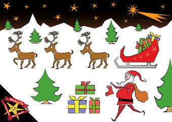Santa Claus, su trineo y sus renos