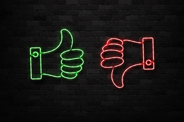 Vector realistic isolated neon sign of Thumb up and down logo for decoration and covering on the wall background. Concept of rating, network and social media.