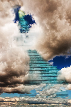 Heavenly Staircase leading up though the clouds to a door with a light shining though