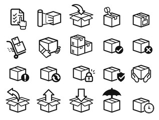 Parcel care standard step icon of delivery service. Protection of goods, insurance and return for product.