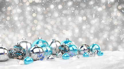 Blue and silver christmas baubles background 3D rendering