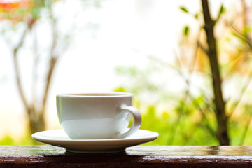 White coffee cup on autumn background. Beautiful coffee Cup with, nature background and warm light in the garden happily.