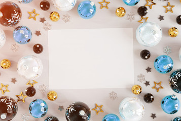 Christmas card mockup with blue baubles 3D rendering