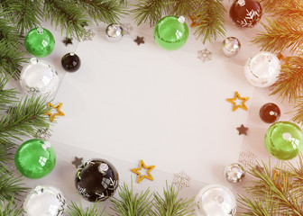 Fototapeta na wymiar Christmas card mockup with green baubles 3D rendering
