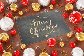 Christmas card greetings with red baubles 3D rendering