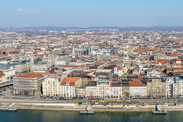 Fototapeta na wymiar panoramic view of the city at the center of Budapest set of roofs along the Danube River on a sunny afternoon. Budapest Hungary March 2018