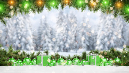 Green christmas baubles and gifts lined up 3D rendering
