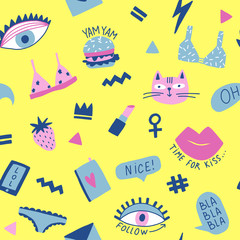 Seamless pattern with hand phrases and symbols for teenage girls.
